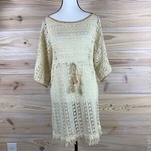Sanctuary Crochet Cover Up Dress Womens Medium Cream Ivory Boho Tassels Boho